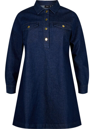 Robe en jean coupe trapèze avec des boutons, Dark Blue Denim, Packshot image number 0