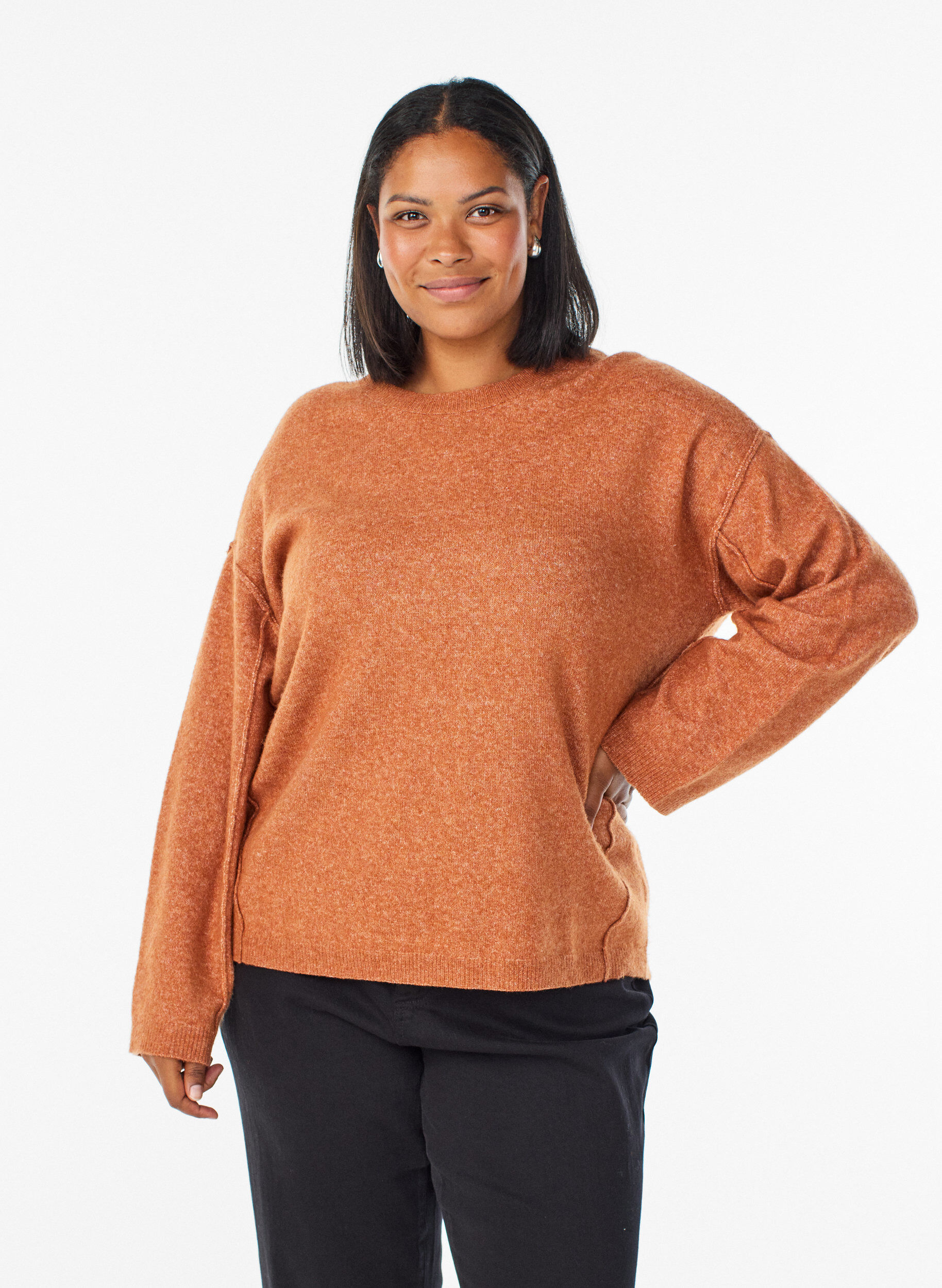 ZizziPull ample en maille avec coutures apparentes, Orange fonc&eacute;, Model image number 0