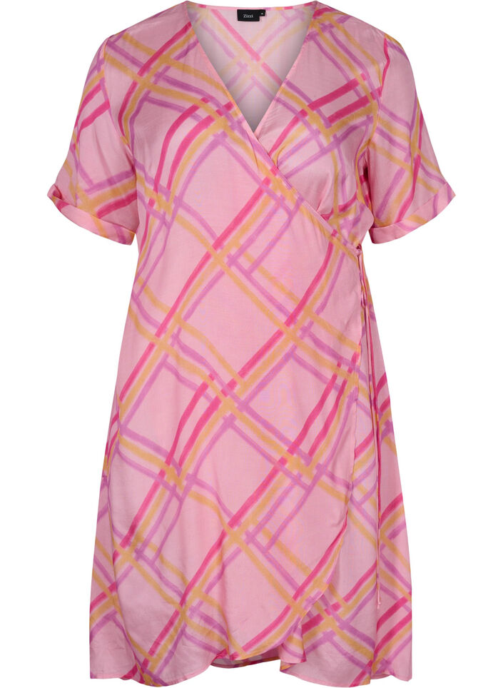 Robe portefeuille en viscose à carreaux , Pink Check, Packshot image number 0