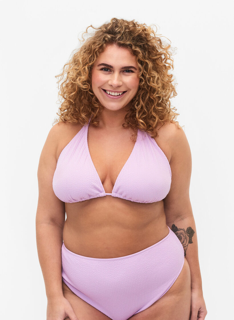 Soutien-gorge de bikini triangulaire avec structure en crêpe, Violet, Model image number 0