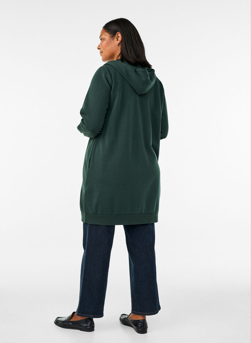 Sweat &agrave; capuche long avec zip et poches, Vert fonc&eacute;, Model image number 2