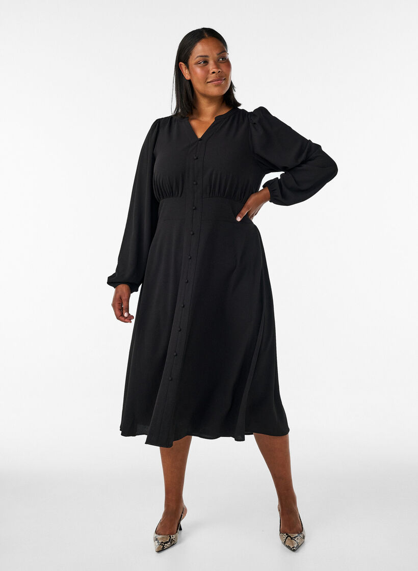 Robe midi avec smocks et boutons d&eacute;coratifs, Noir, Model image number 0