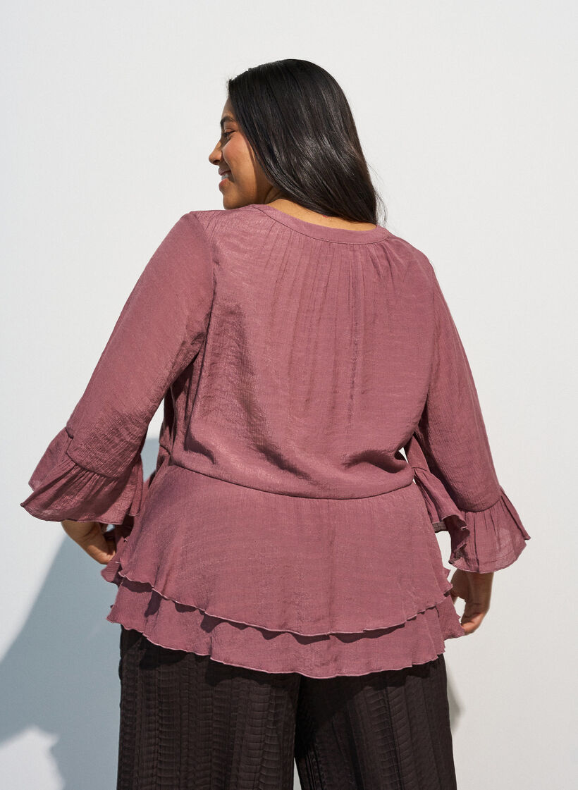 Blouse &agrave; manches 3/4 et volants, Rose, Model image number 2