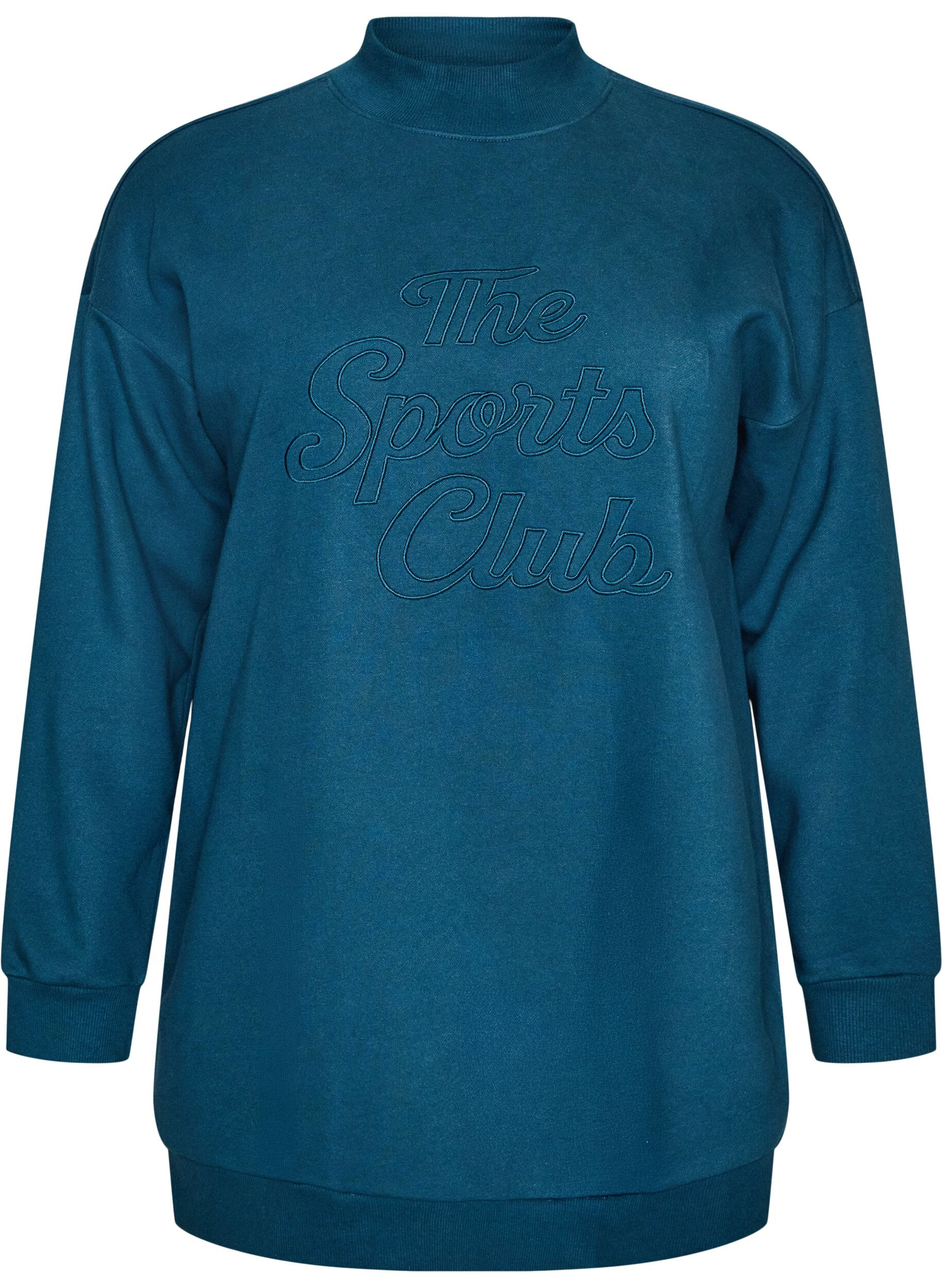 ZizziSweat-shirt long &agrave; col montant et texte brod&eacute;, Bleu, Packshot image number 0