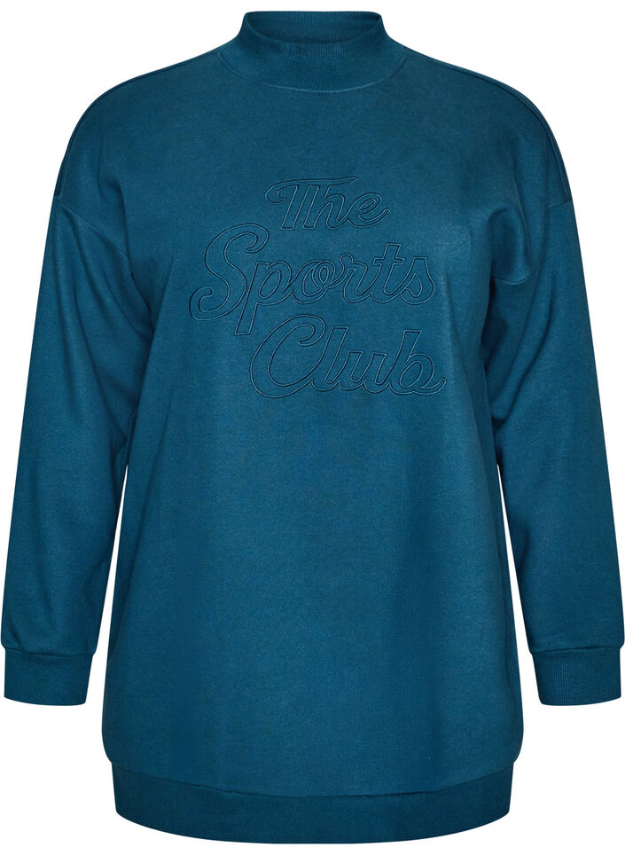 Sweat-shirt long &agrave; col montant et texte brod&eacute;, Bleu, Packshot image number 0