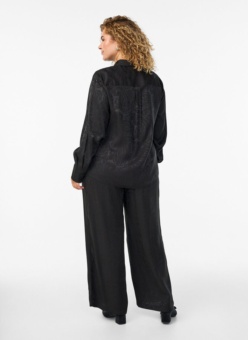 Pantalon ample &agrave; motif cachemire et taille haute, Noir, Model image number 1