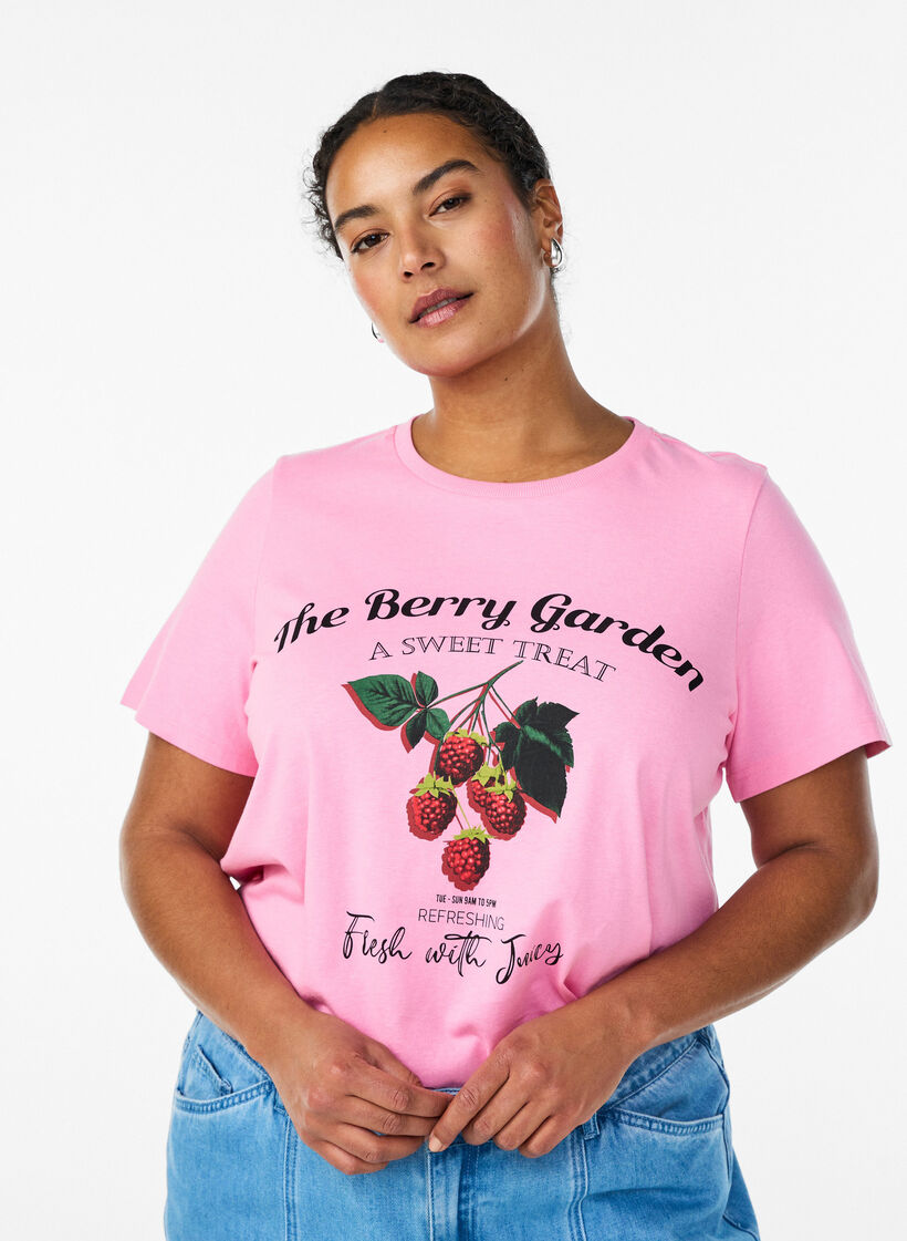T-shirt en coton avec imprim&eacute; fruits et texte, Rose, Model image number 0