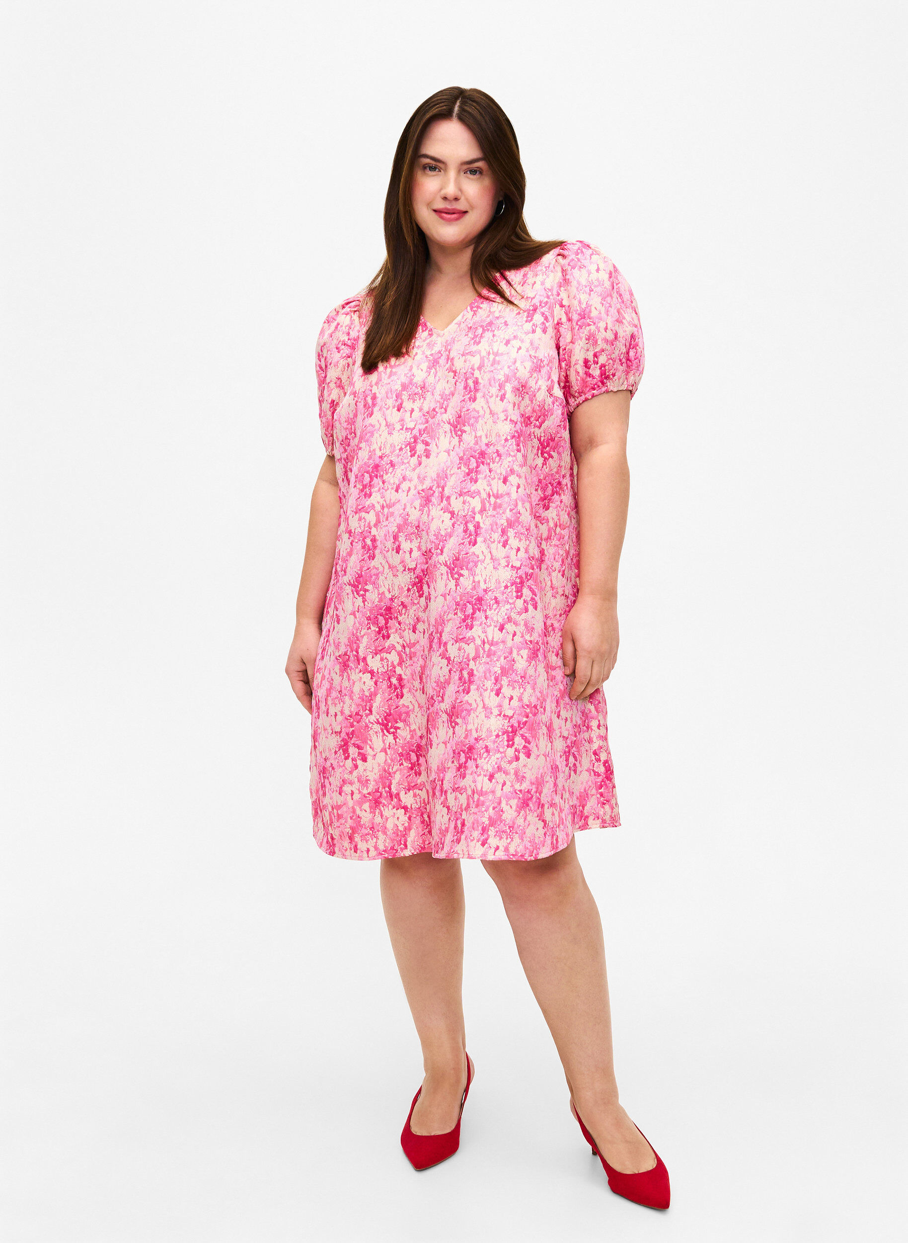 Zizzi Robe &agrave; manches courtes bouffantes, Chateau Rose AOP, Model image number 2