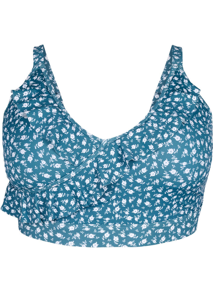 Soutien-gorge de bikini &agrave; fleurs avec d&eacute;tails &agrave; volants, Bleu p&eacute;trole, Packshot image number 0