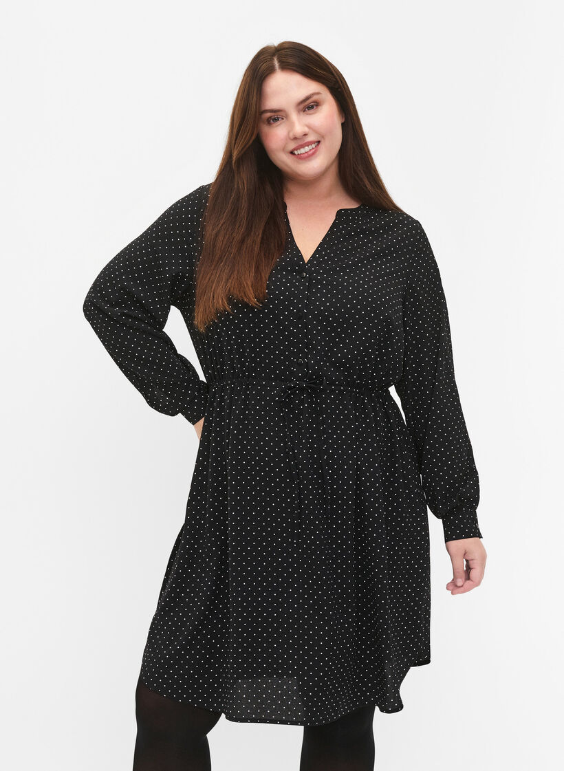 Robe imprimée avec cordon à la taille, Black Dot, Model image number 0