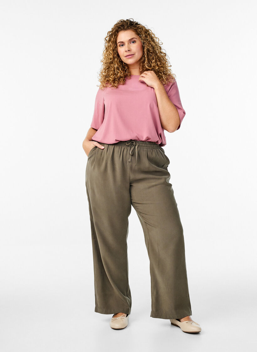 FLASH - Chemisier tiss&eacute; &agrave; manches courtes et col rond, Rose, Model image number 1