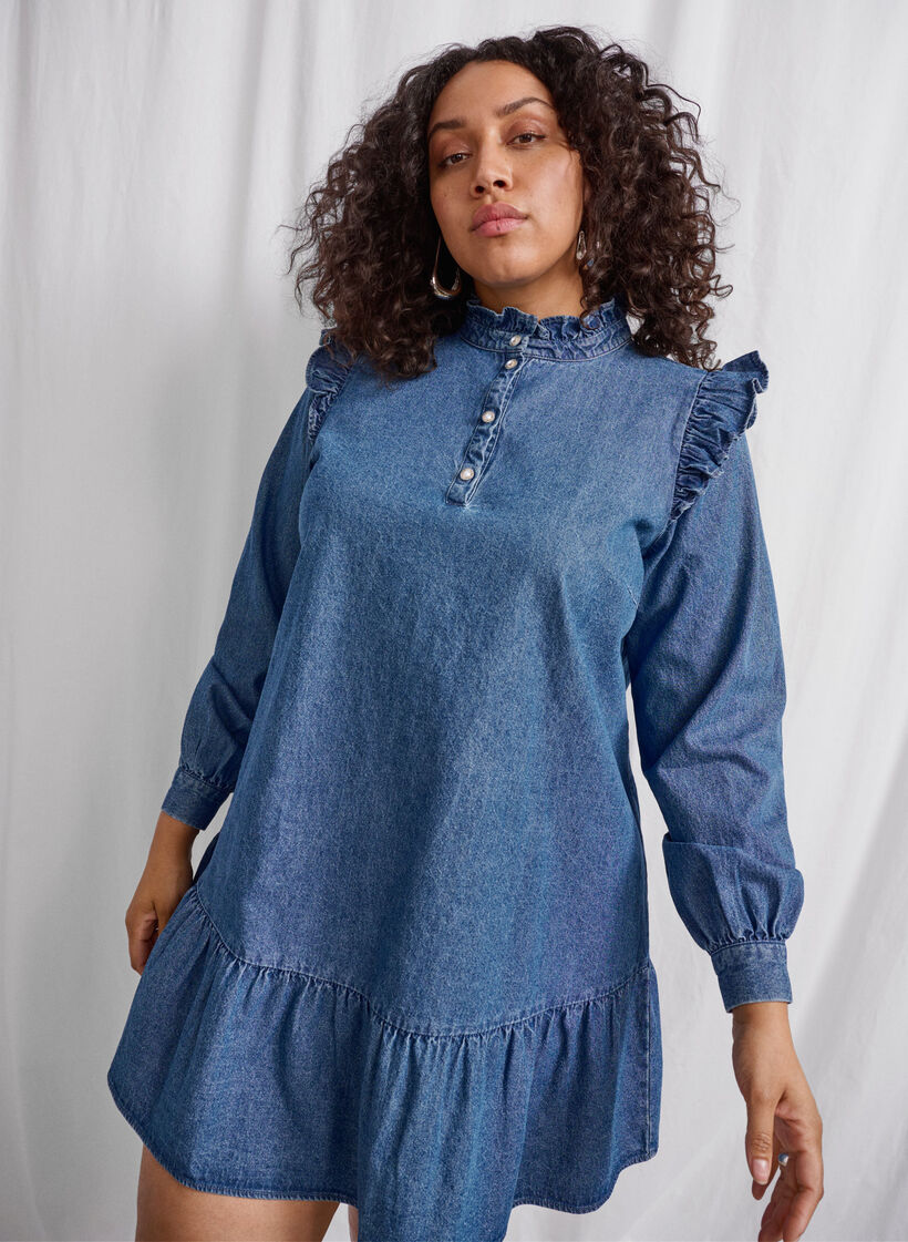 Robe en jean à volants et coupe en A, Blue Denim, Image image number 0