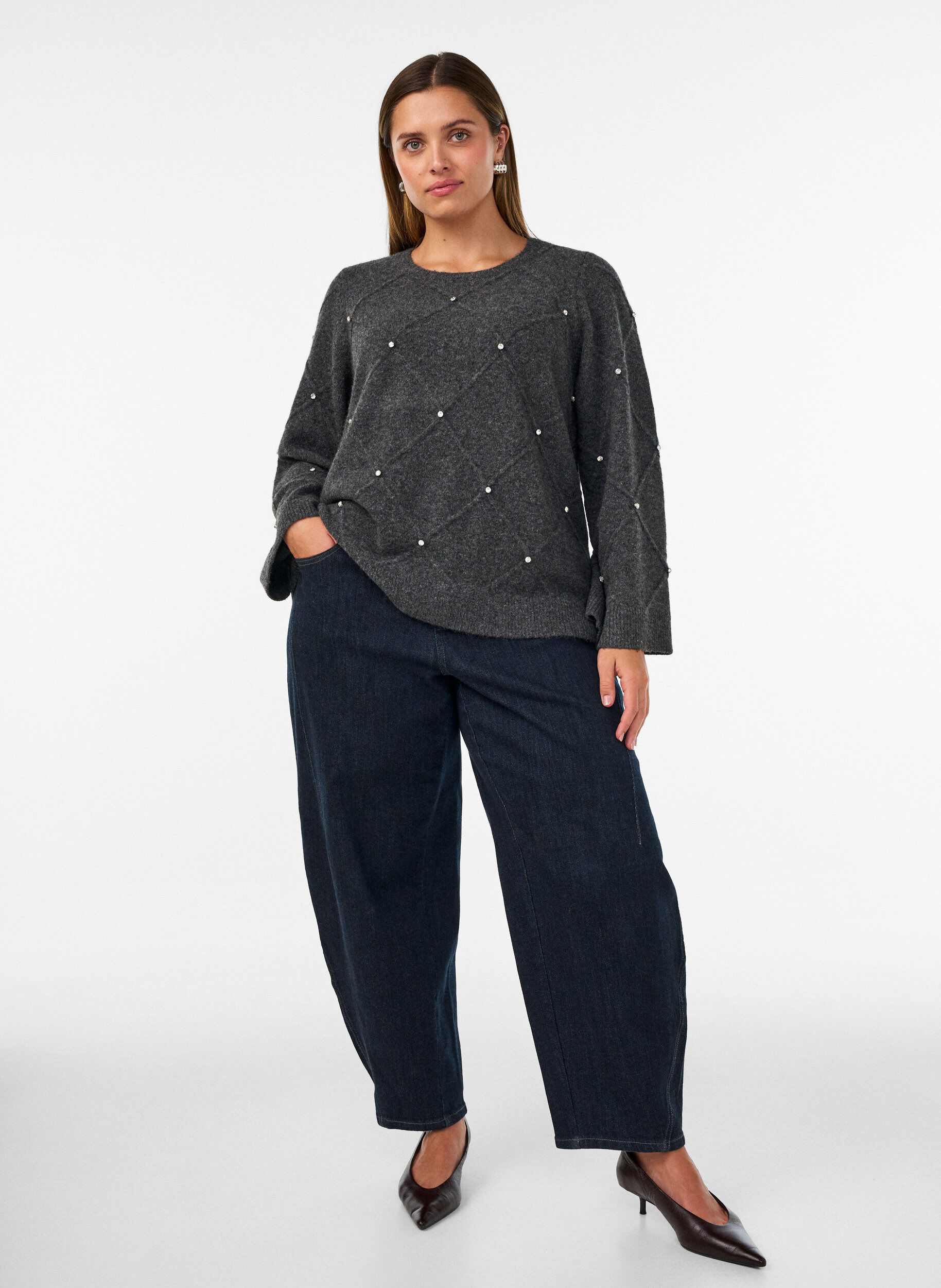 ZizziBlouse en maille avec strass et motif &agrave; losanges, Gris anthracite, Model image number 1