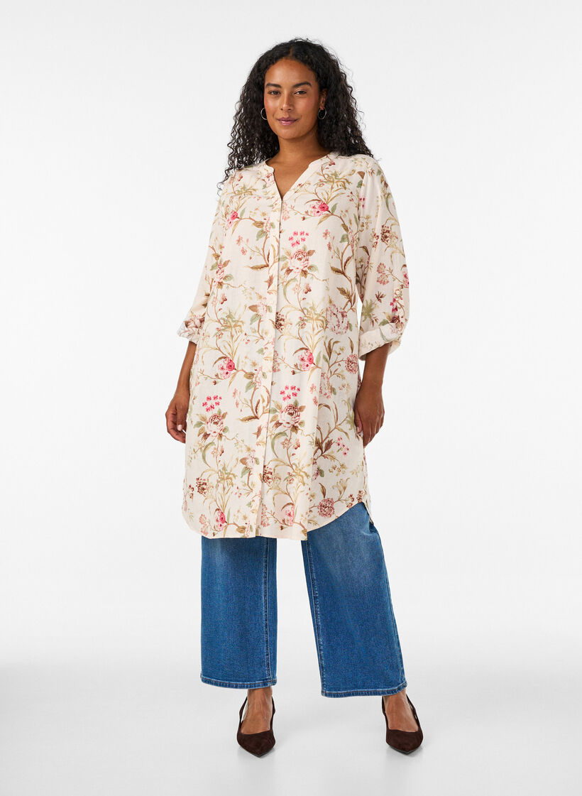 Chemise longue en lin et viscose, Vanille, Model image number 1