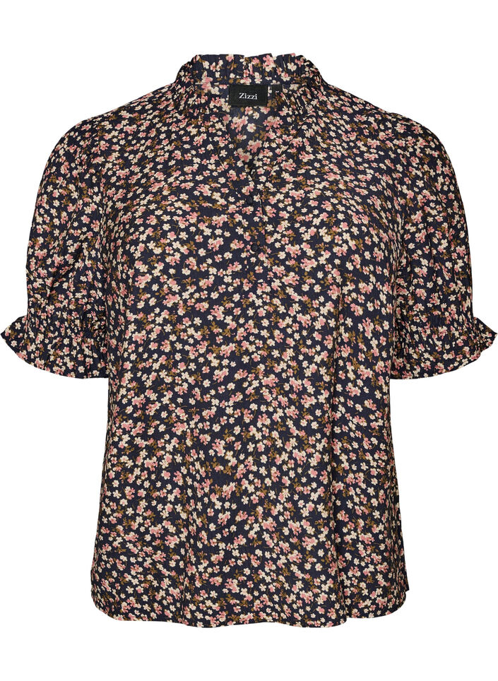 Blouse &agrave; imprim&eacute; floral en viscose avec manches courtes et d&eacute;tails smock&eacute;s, Bleu, Packshot image number 0