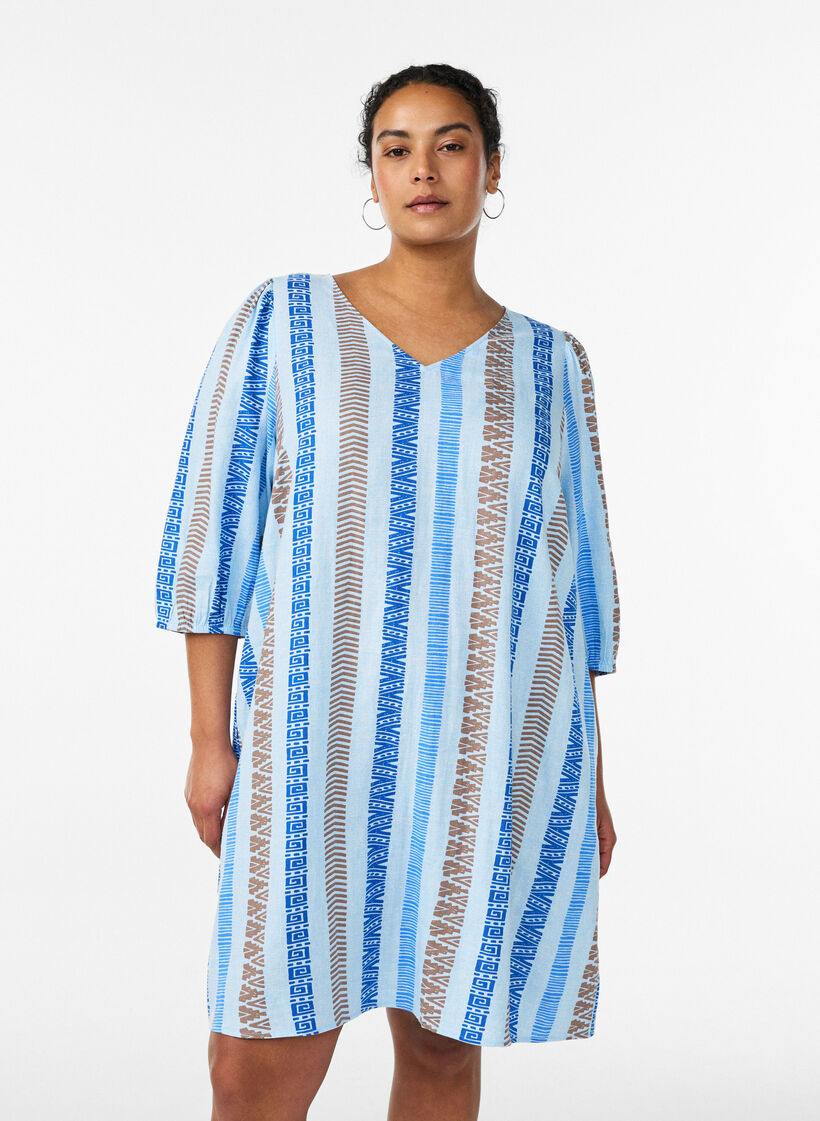 Robes courtes en lin et viscose &agrave; manches 3/4, Bleu, Model image number 0