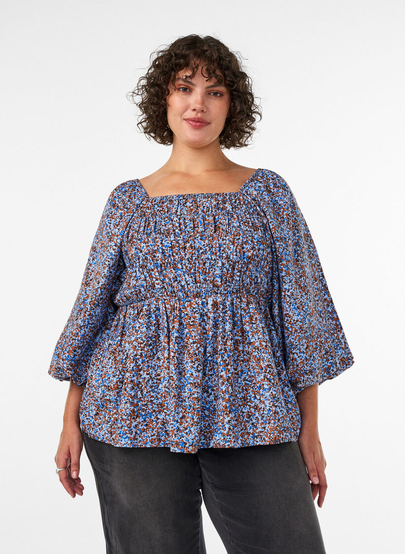 Blouse smock&eacute;e &agrave; encolure carr&eacute;e, Bleu Clair, Model image number 0