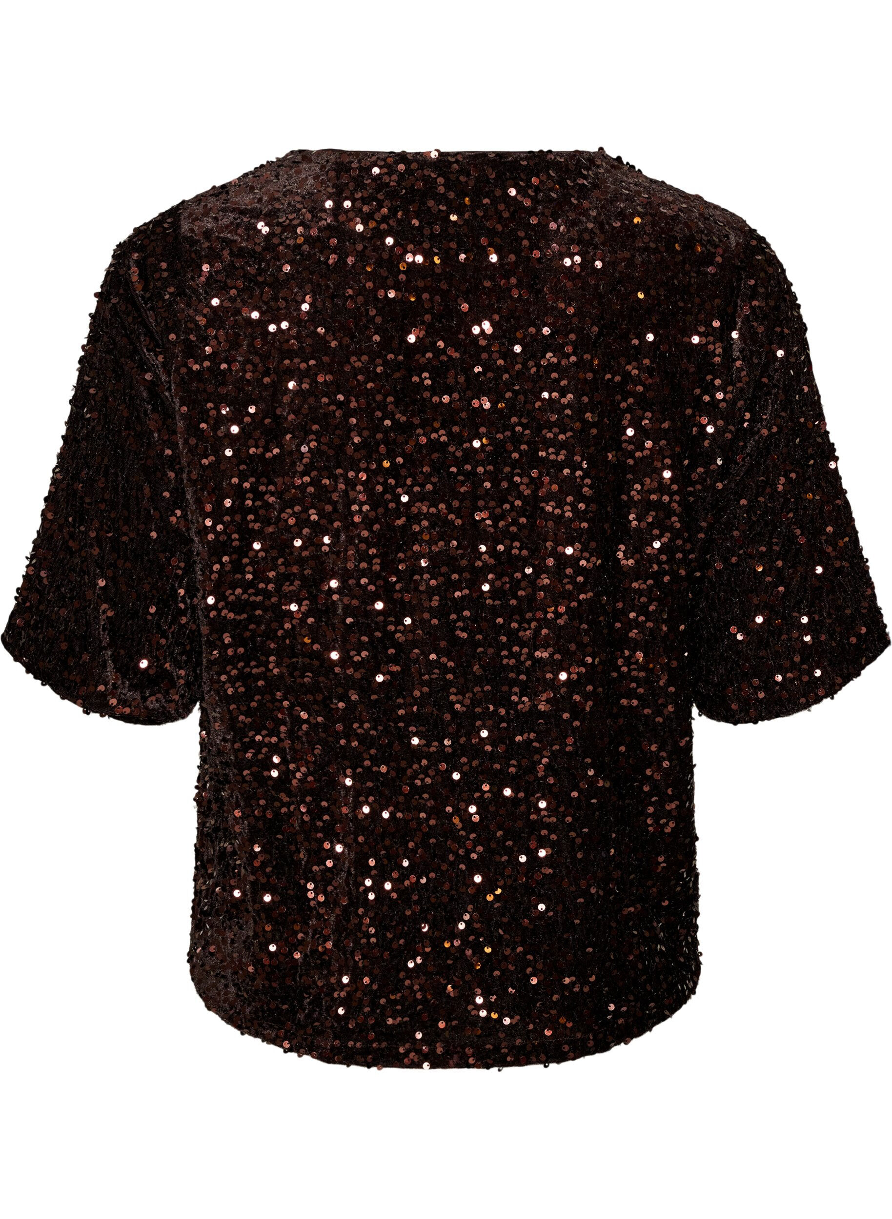 ZizziBlouse en sequins avec manches au coude, Marron, Packshot image number 1