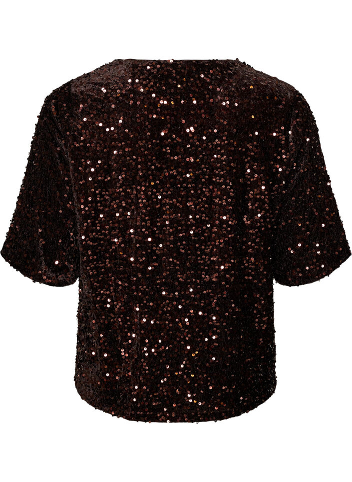 Blouse en sequins avec manches au coude, Marron, Packshot image number 1