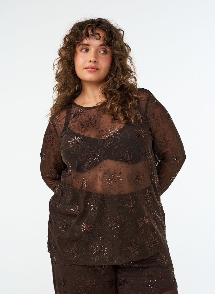 Blouse en mesh avec fleurs et sequins, Marron, Model image number 0