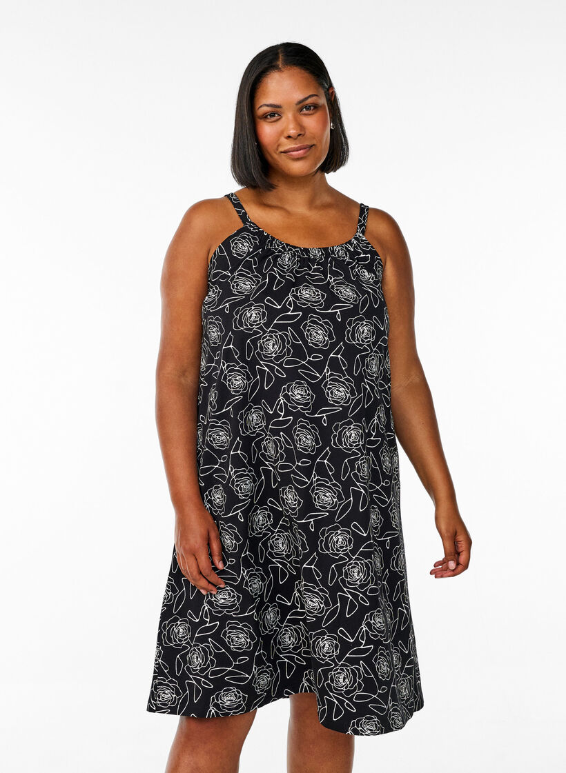 Robe &agrave; bretelles midi en coton bio, Noir, Model image number 0