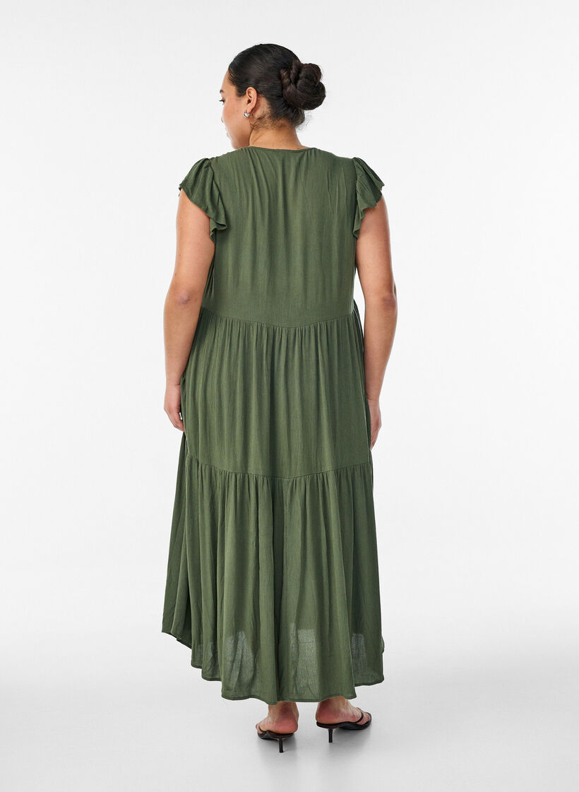 Robe midi en viscose avec manches &agrave; volants, Vert, Model image number 2