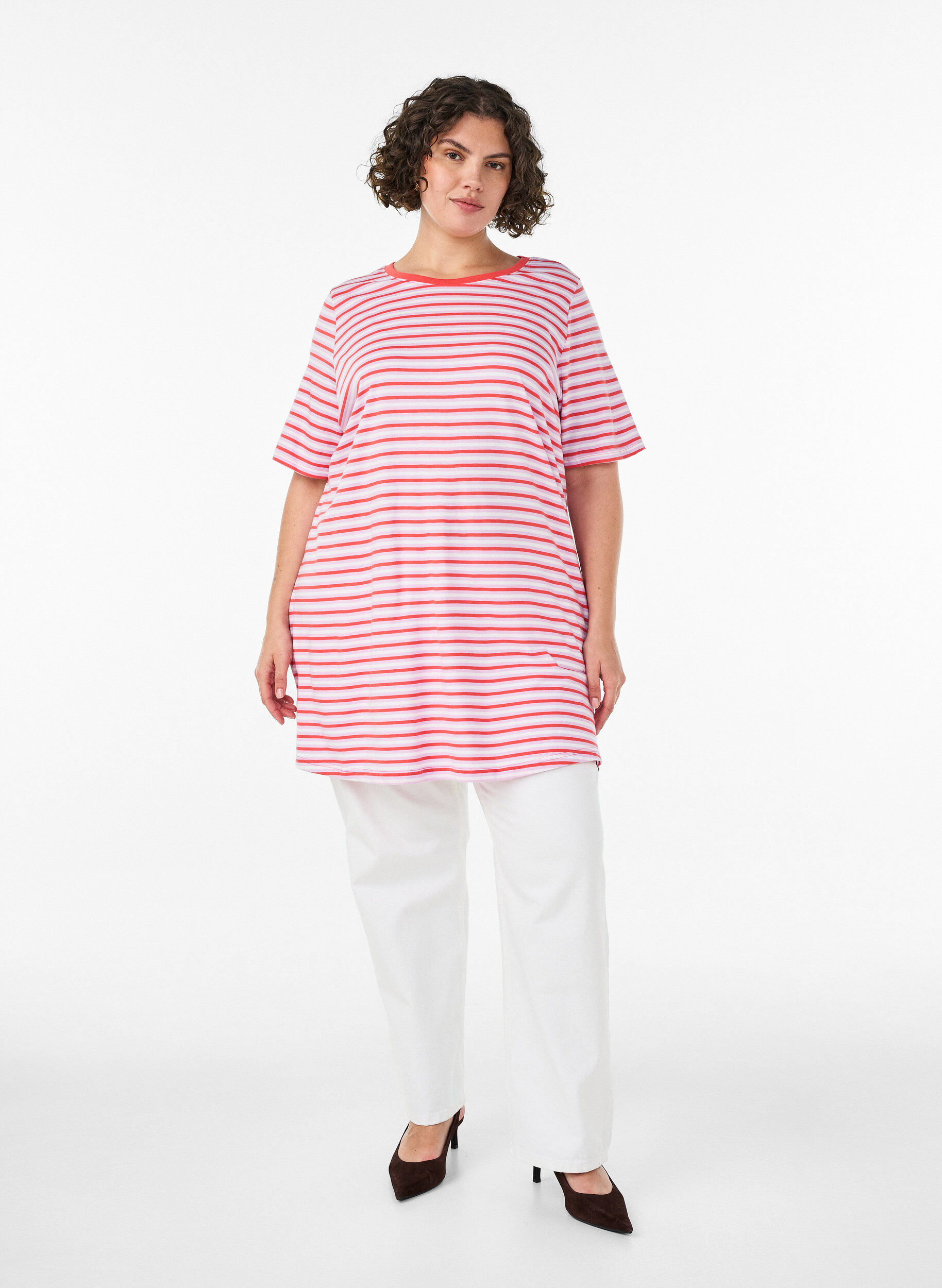 ZizziT-shirt long oversize ray&eacute; en coton bio, Violet, Model image number 1