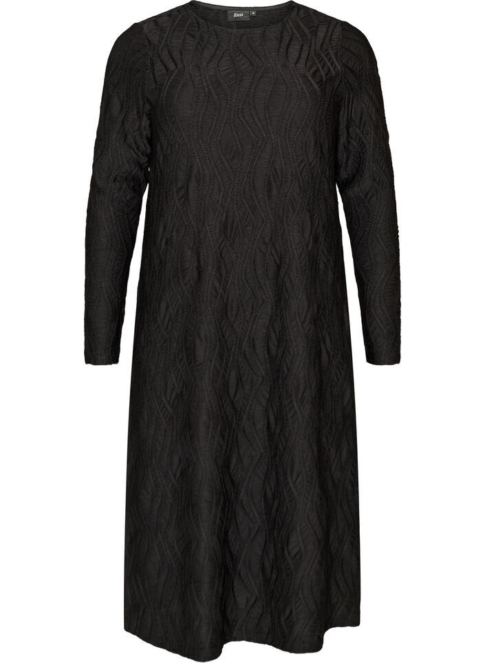 Robe midi &agrave; texture ondul&eacute;e et manches longues, Noir, Packshot image number 0