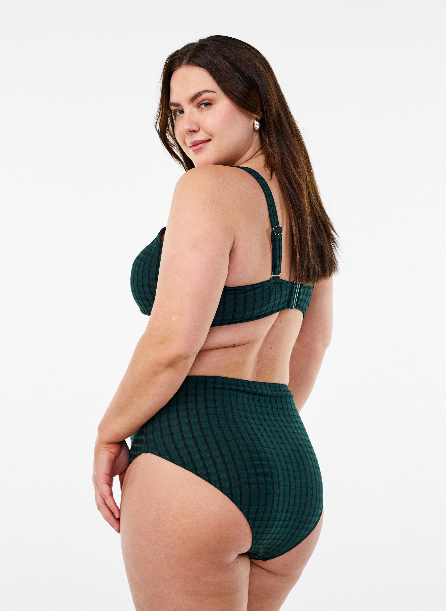 Zizzi Culotte de bikini &eacute;carlate &agrave; carreaux, taille haute &agrave; coupe tai, Vert fonc&eacute;, Model image number 1