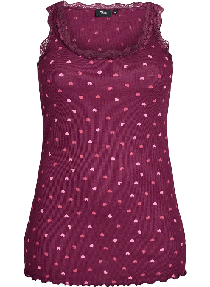Top avec imprim&eacute; et bord en dentelle, Bordeaux fonc&eacute;, Packshot image number 0