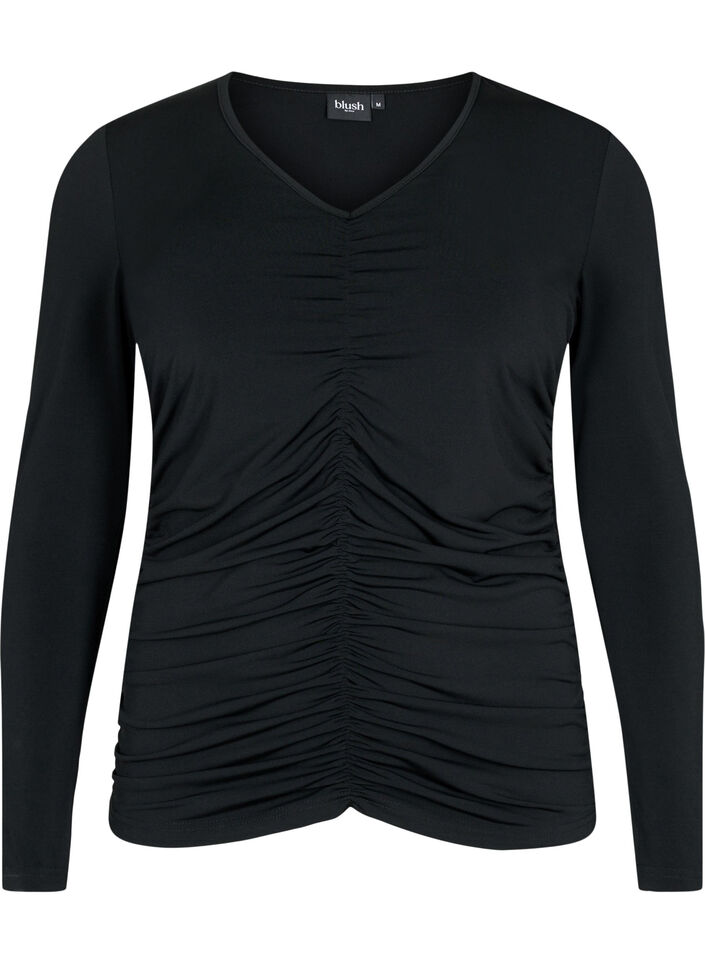 Blouse avec col en V et drapé, Black, Packshot image number 0