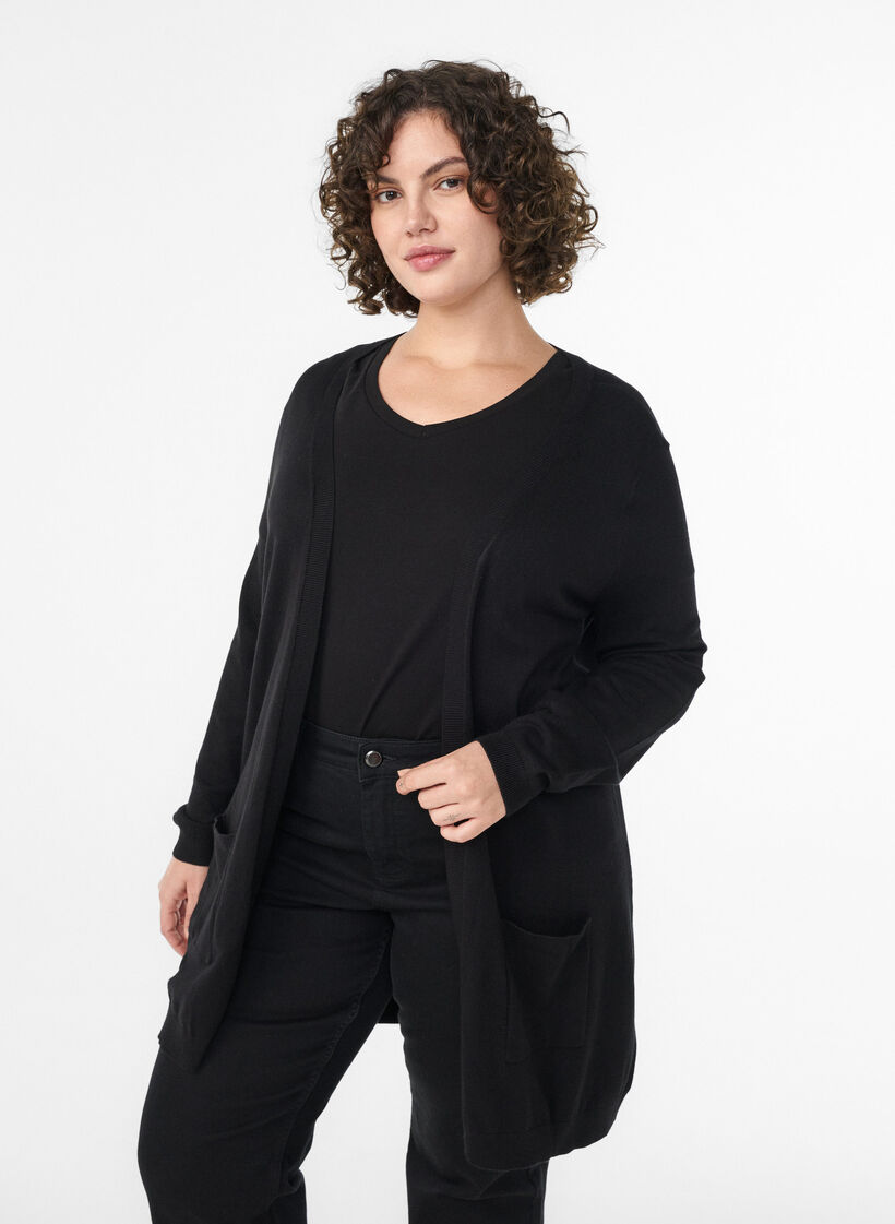 Long cardigan tricot&eacute; en m&eacute;lange de viscose, Noir, Model image number 0