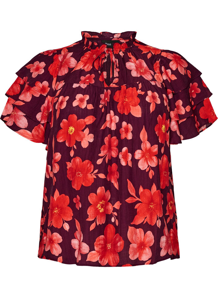 Blouse florale en viscose avec manches &agrave; volants, Violet, Packshot image number 0
