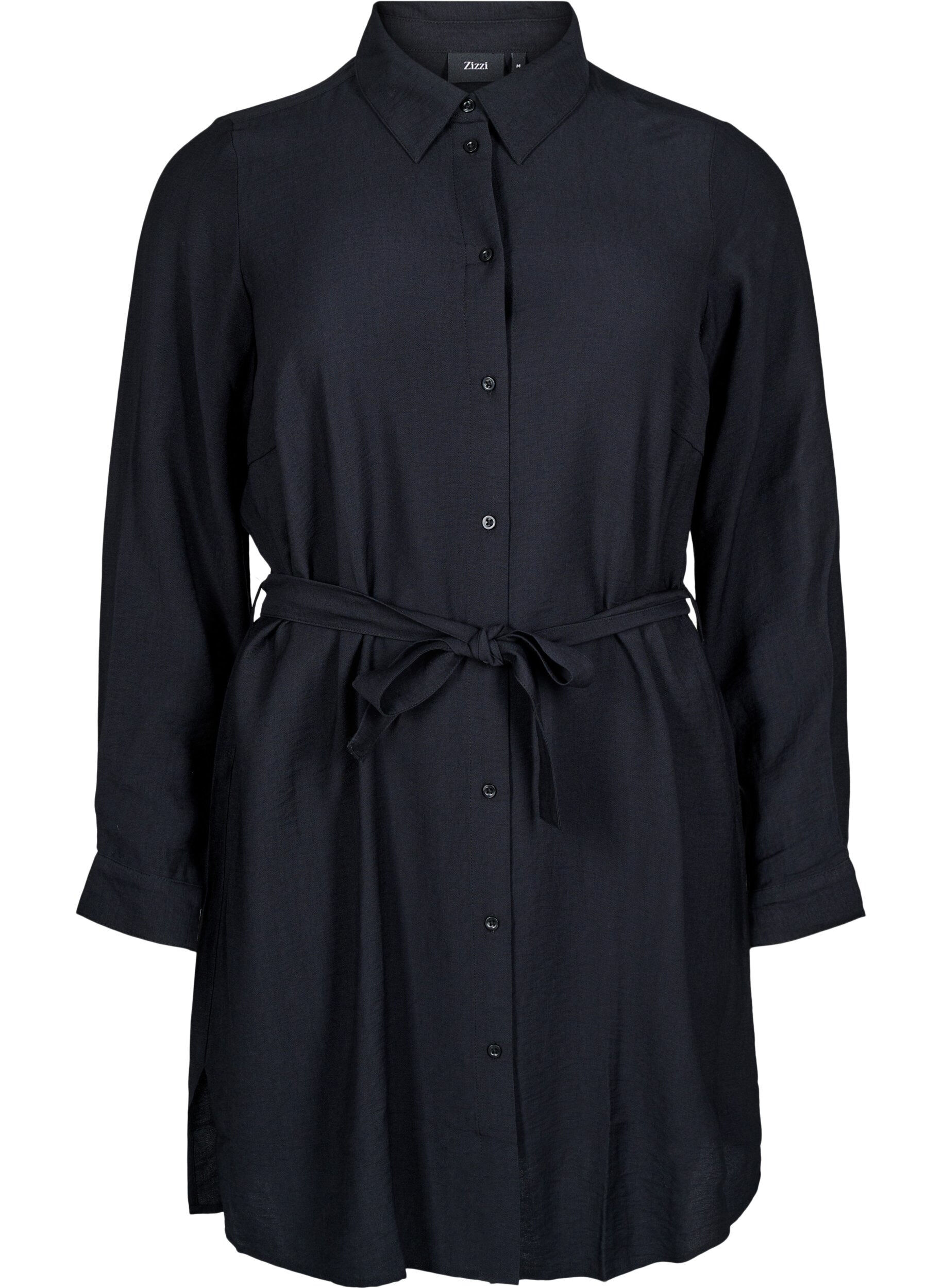 Zizzi Robe chemise avec ceinture nou&eacute;e et manches longues, Noir, Packshot image number 0