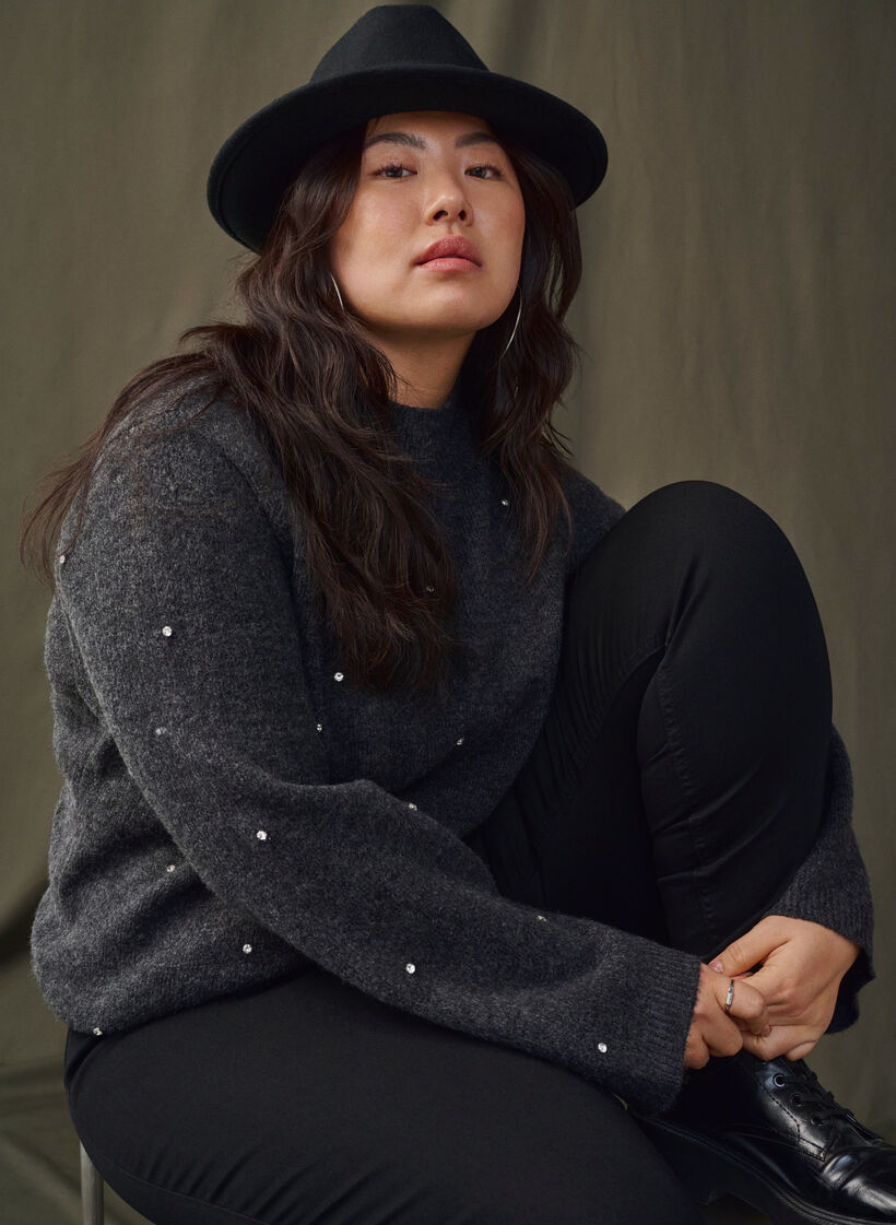 Chemisier en maille avec des strass et un col montant, Dark Grey Melange, Image image number 0