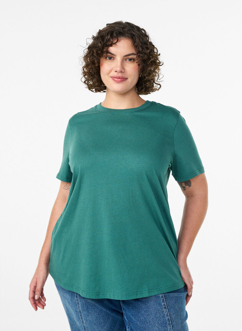 T-shirt basique en coton &agrave; col rond, Vert, Model image number 0