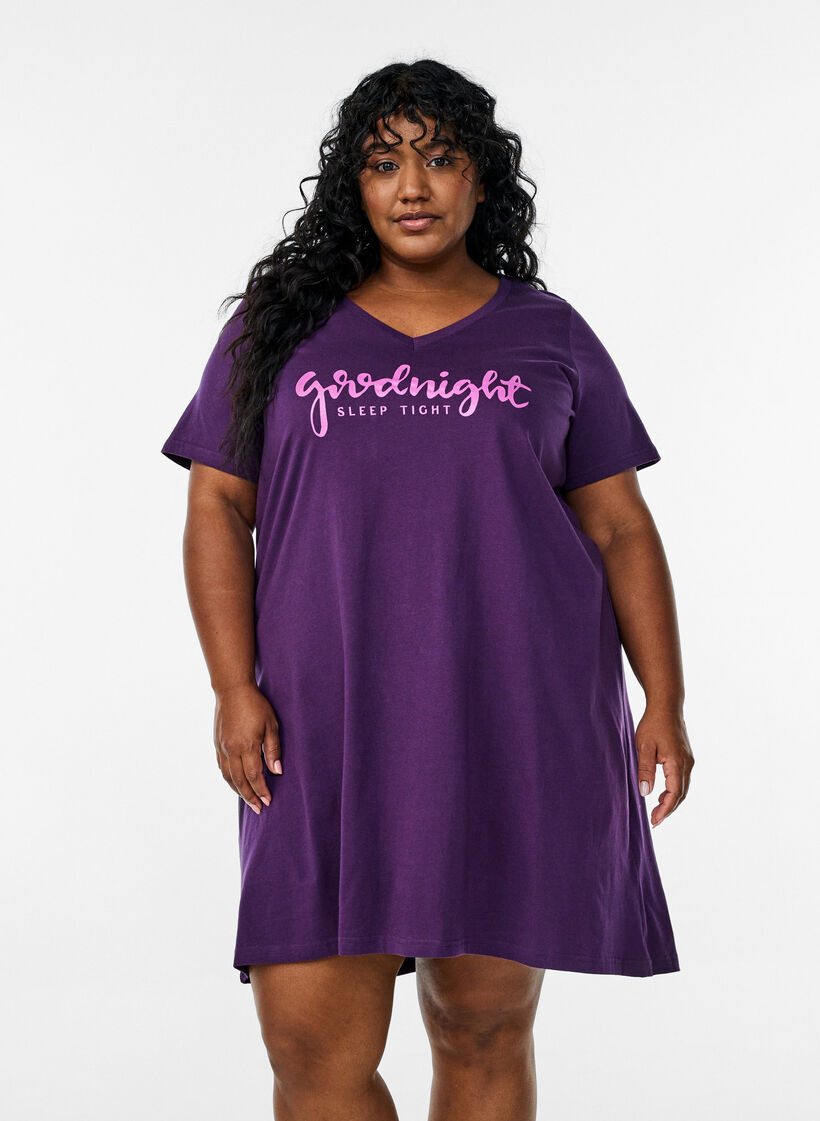 Chemise de nuit en coton biologique et &agrave; col en V, Violet, Model image number 0