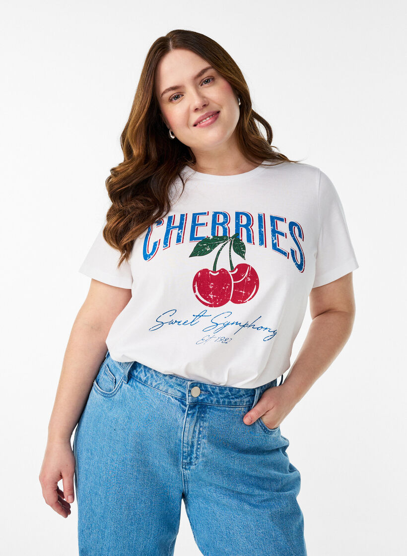 T-shirt en coton avec imprim&eacute; fruits et texte, Blanc, Model image number 0
