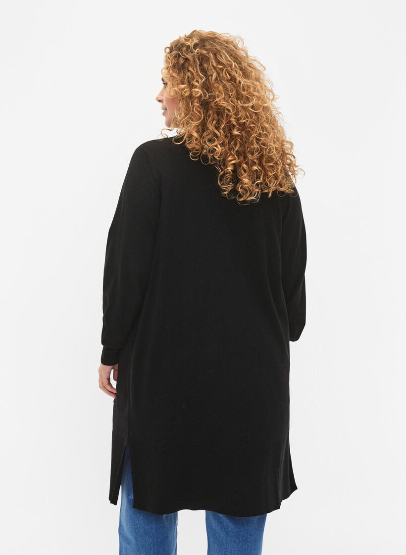 Long cardigan en tricot avec des poches, Black, Model image number 1