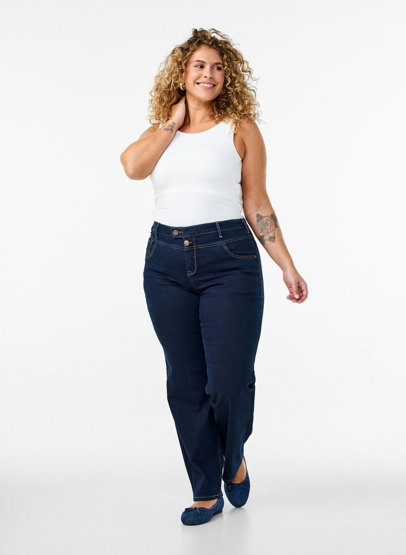 Jeans Gemma taille haute coupe droite, Bleu, Model image number 0