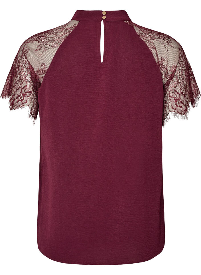 Blouse &agrave; col montant avec manches courtes en dentelle, Bordeaux, Packshot image number 1