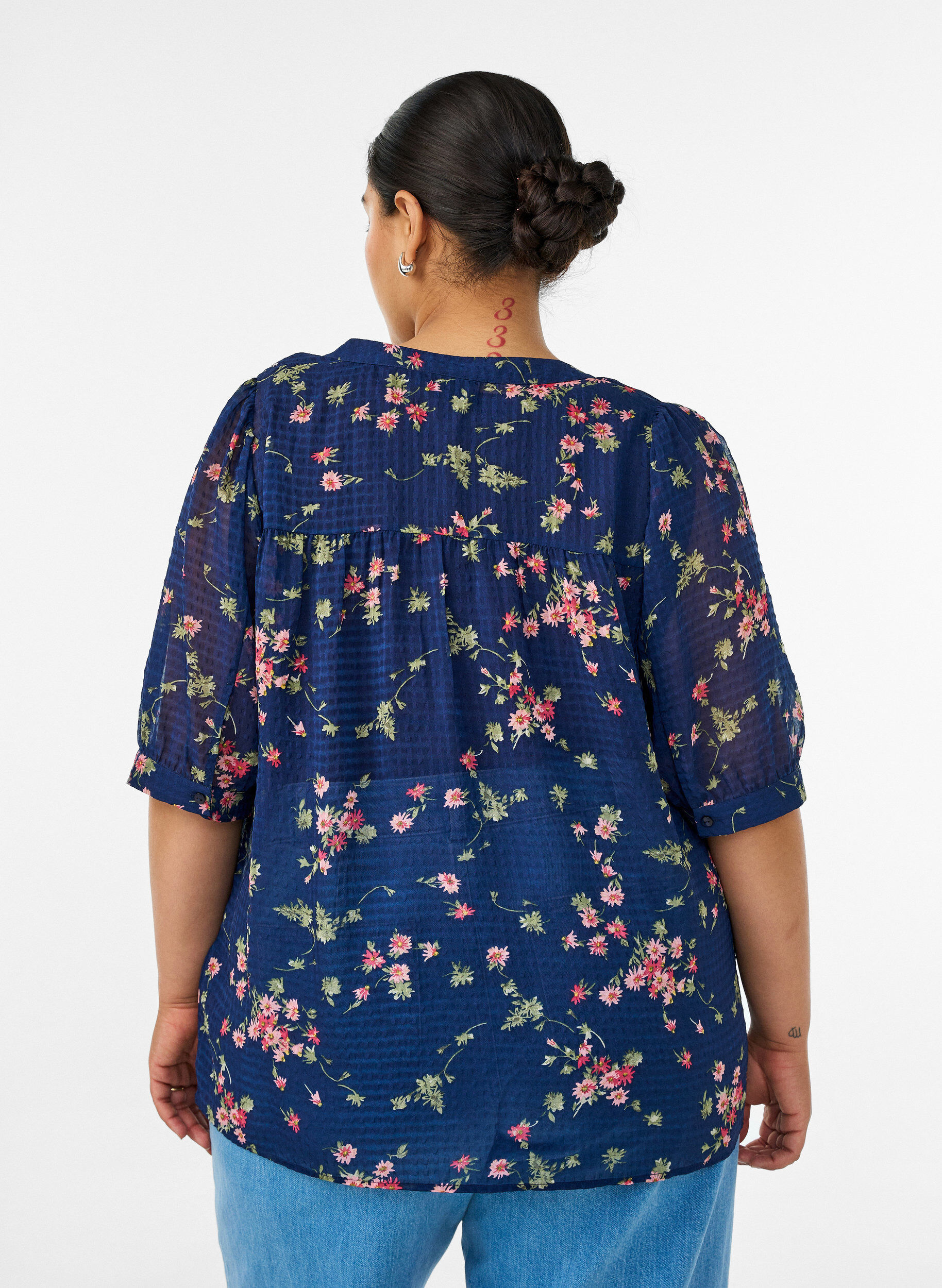 ZizziBlouse &agrave; imprim&eacute; floral et col V, Bleu, Model image number 2