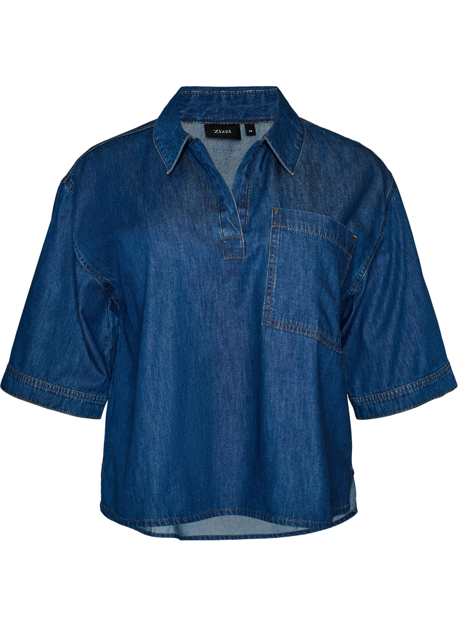 ZizziChemisier en jean avec poche poitrine et manches coude, Bleu, Packshot image number 0