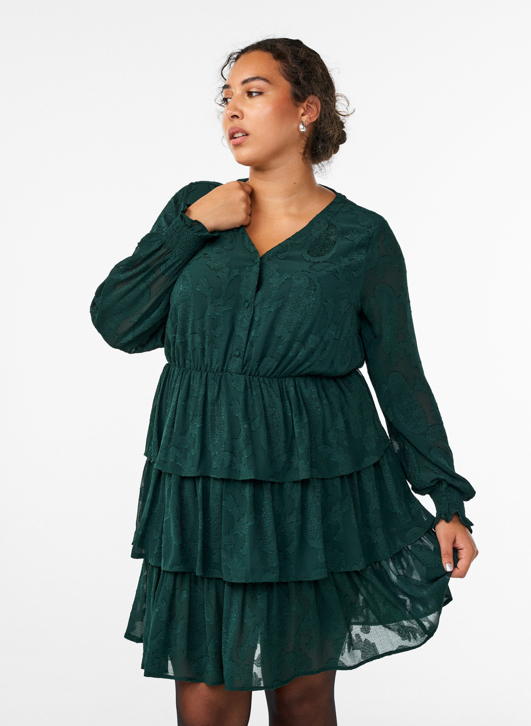ZizziRobe courte &agrave; volants et motif textur&eacute;, Vert fonc&eacute;, Model image number 0