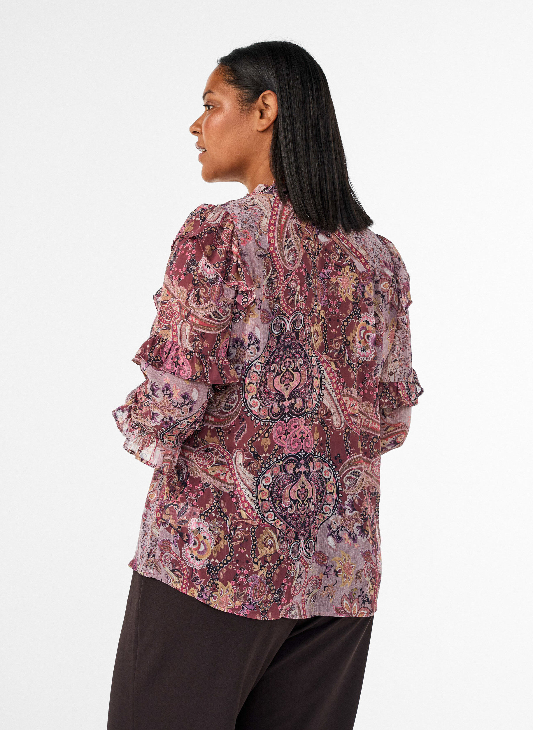 ZizziBlouse &agrave; imprim&eacute; cachemire et d&eacute;tails &agrave; volants, Mauve, Model image number 2