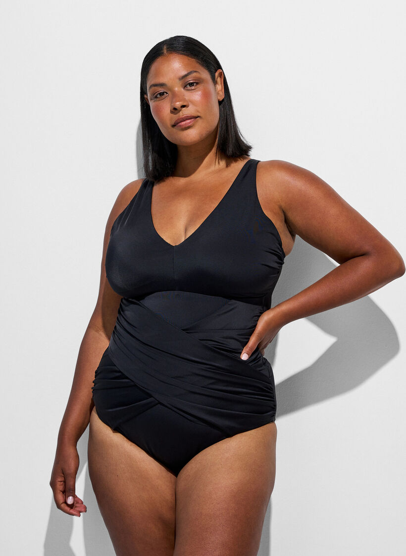 Maillot de bain &agrave; d&eacute;tail crois&eacute; en drap&eacute;, Noir, Model image number 0