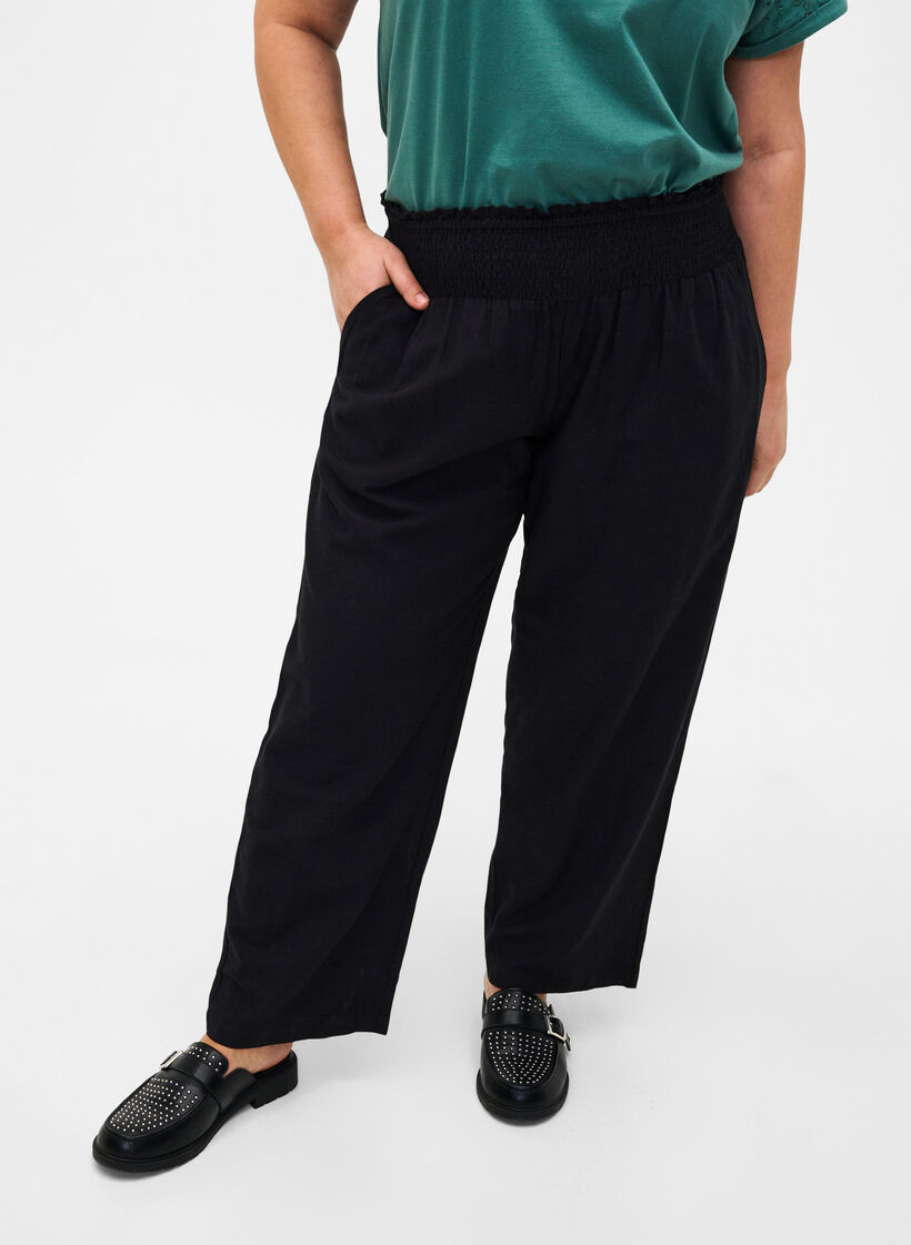 Pantalon à smocks en lin, Noir, Model image number 2