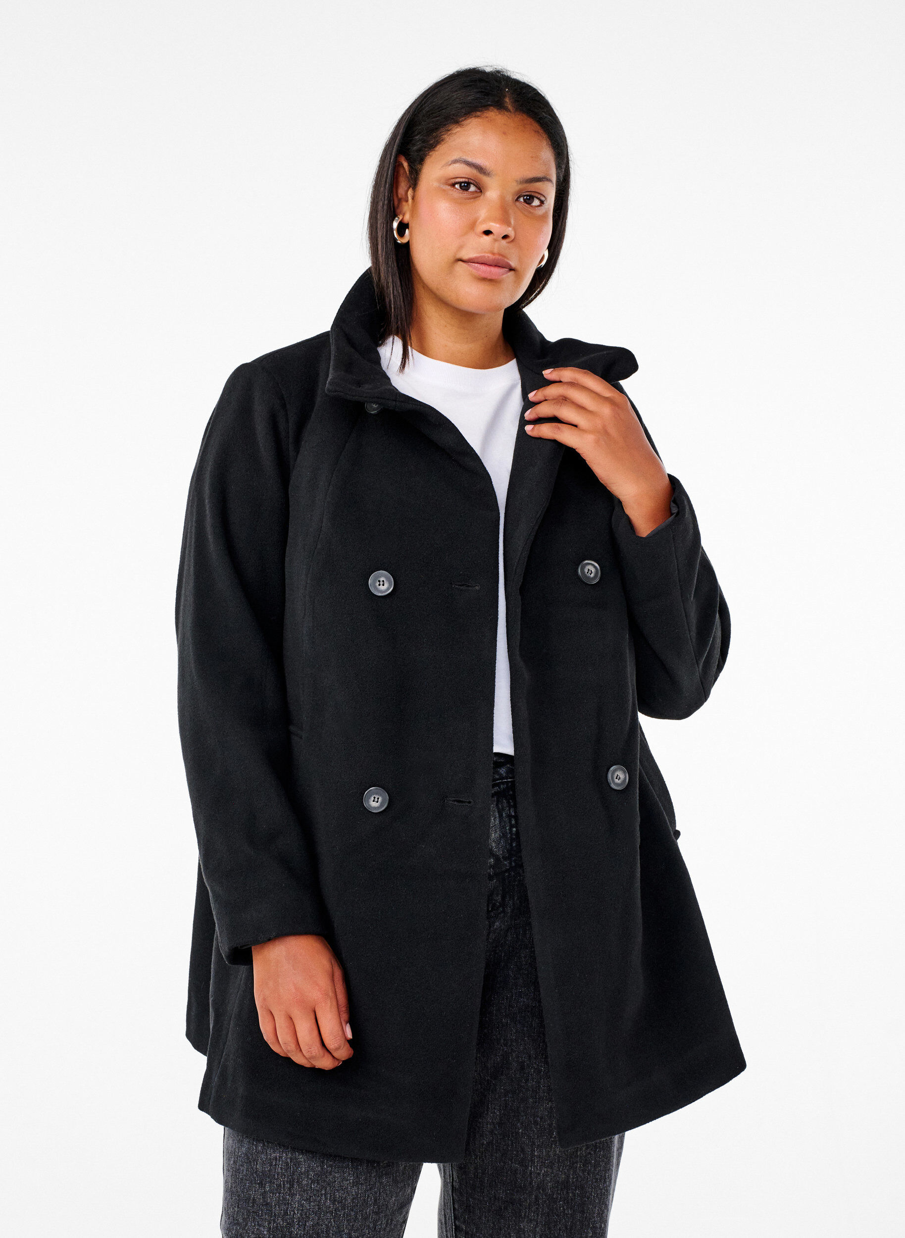 Zizzi Manteau court &agrave; coupe trap&egrave;ze, Black, Model image number 0
