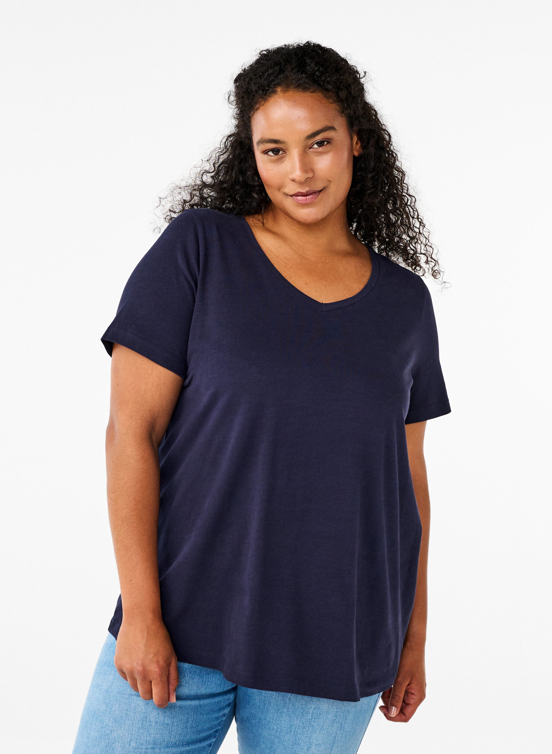 T-shirt en coton uni basique, Bleu, Model