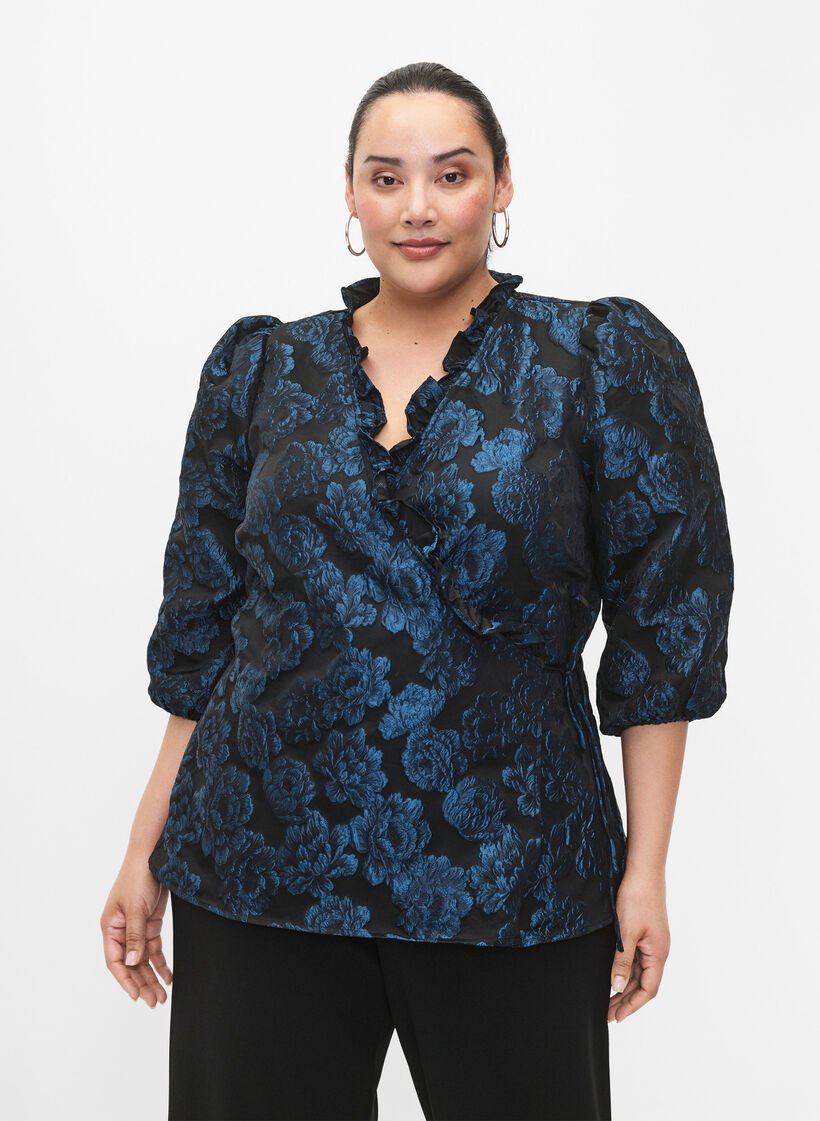 Blouse cache-cœur en jacquard à manches 3/4, Black Blue, Model image number 0